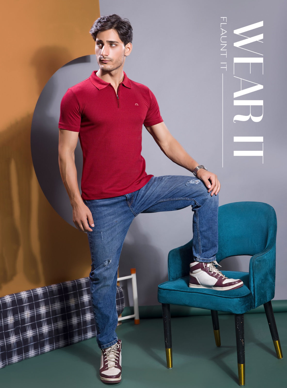 BLOOD RED VERTICAL KNIT ZIP POLO
