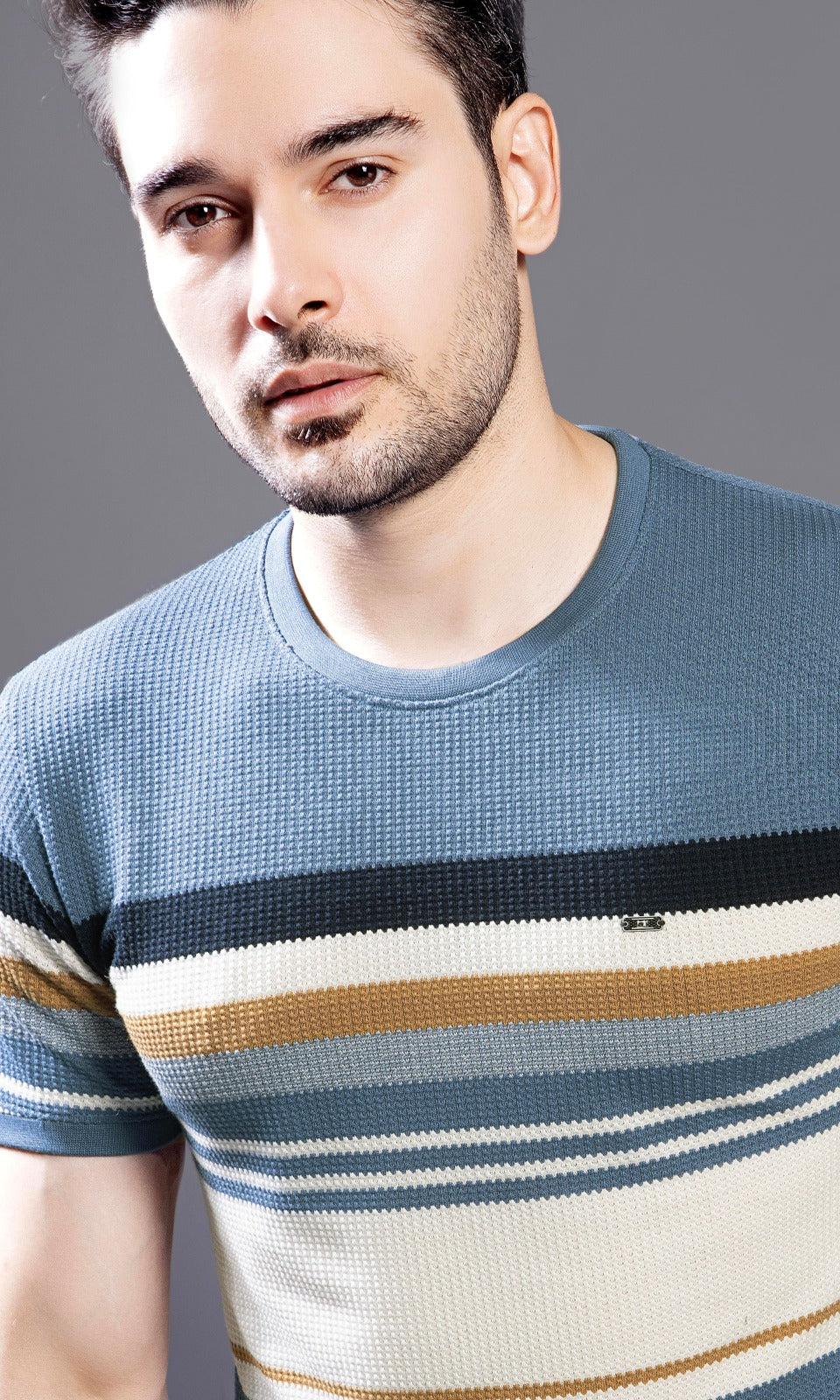 MID BLUE AUTOSTRIPER BUBBLE KNIT TEES