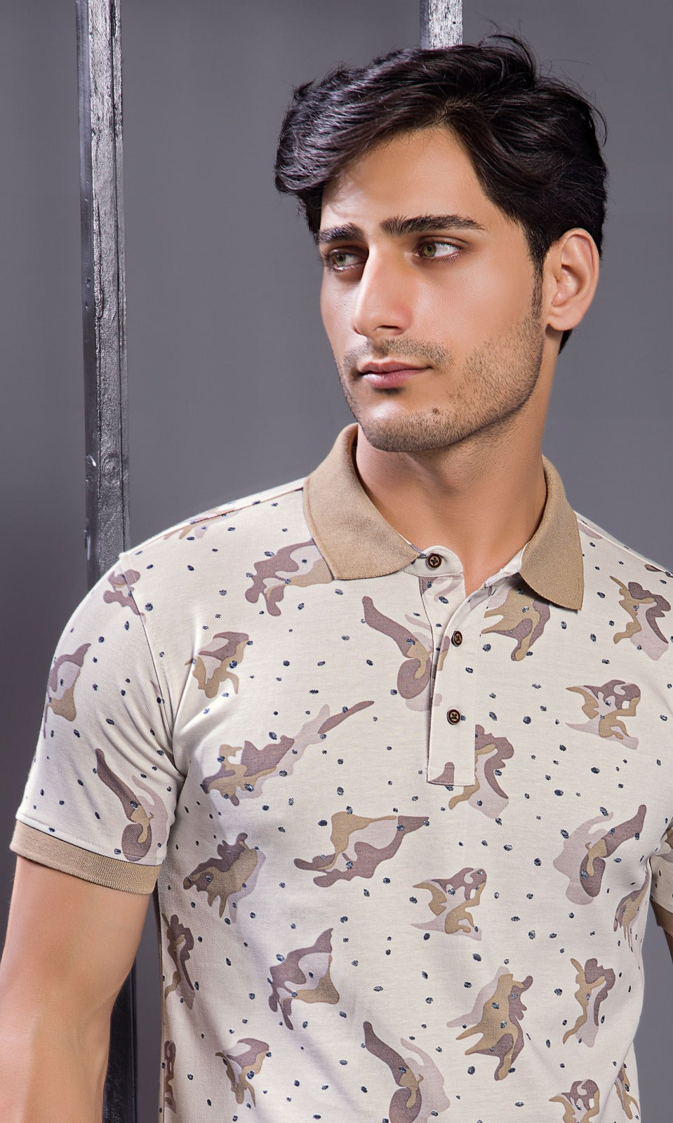 BEIGE INTERLOCK PEANUT FABRIC A.O.P POLO