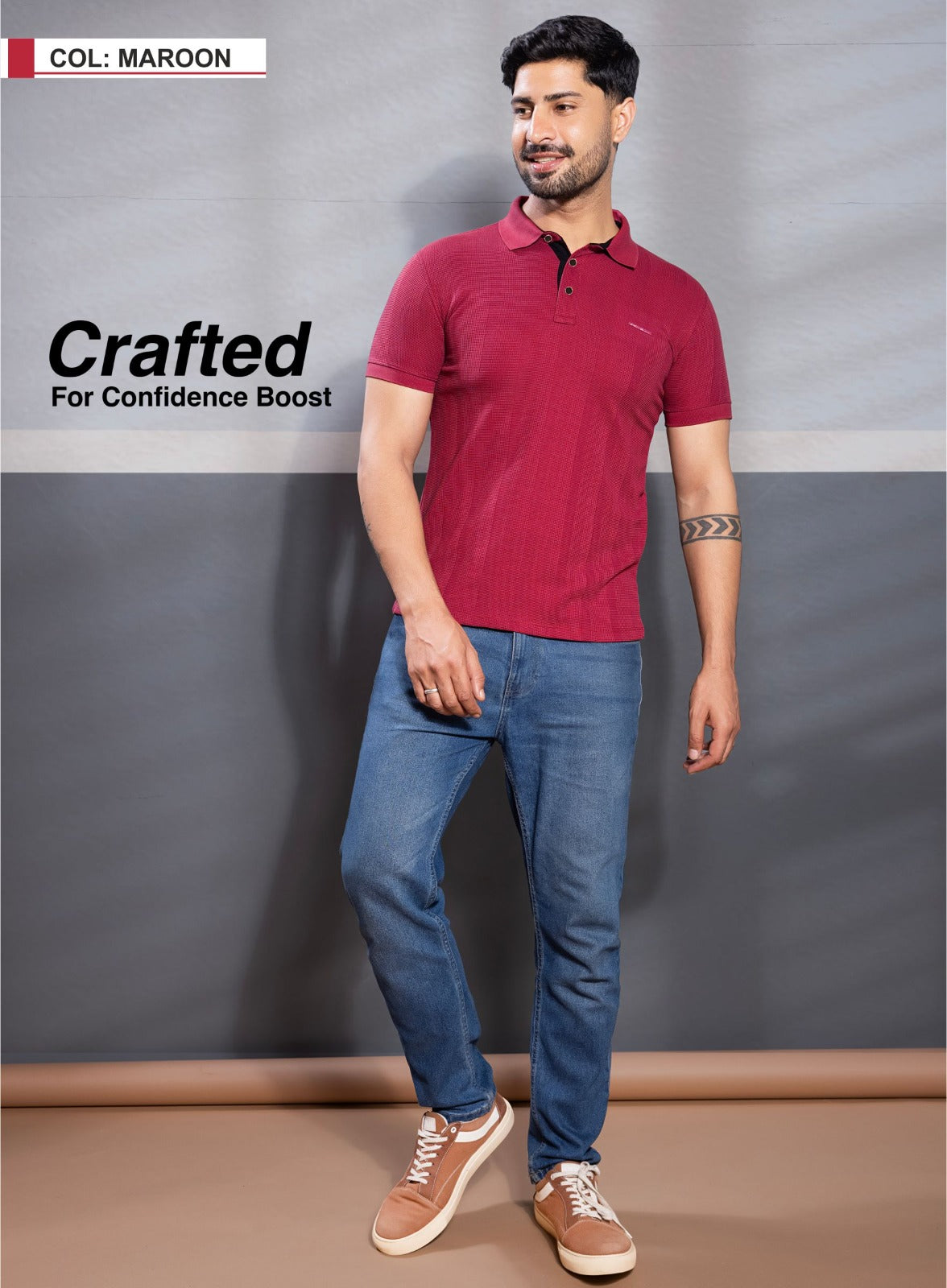 MAROON VERTICAL STRUCTURED SELF STRIPE KNIT POLO