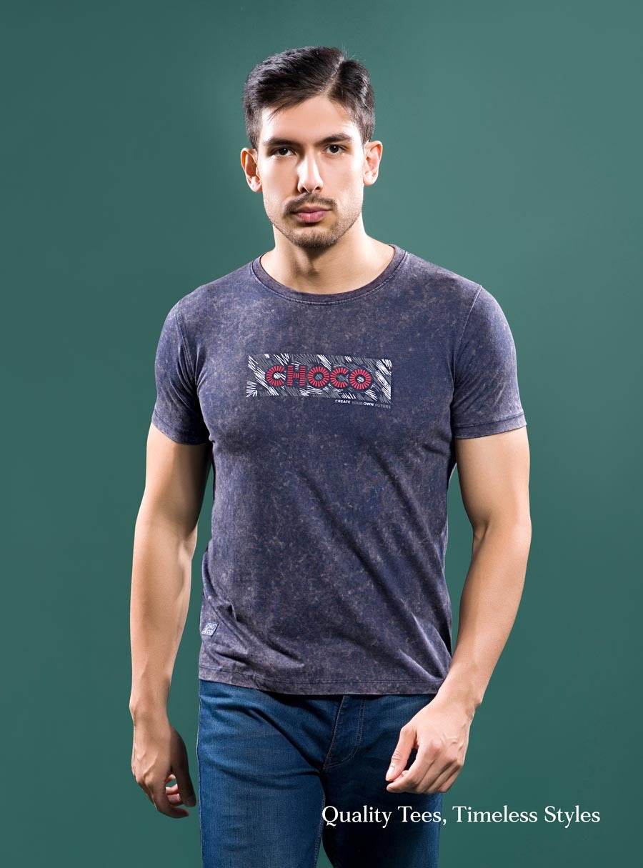 NAVY TENCIL LYCRA ACID WASH GRAPHIC TEES