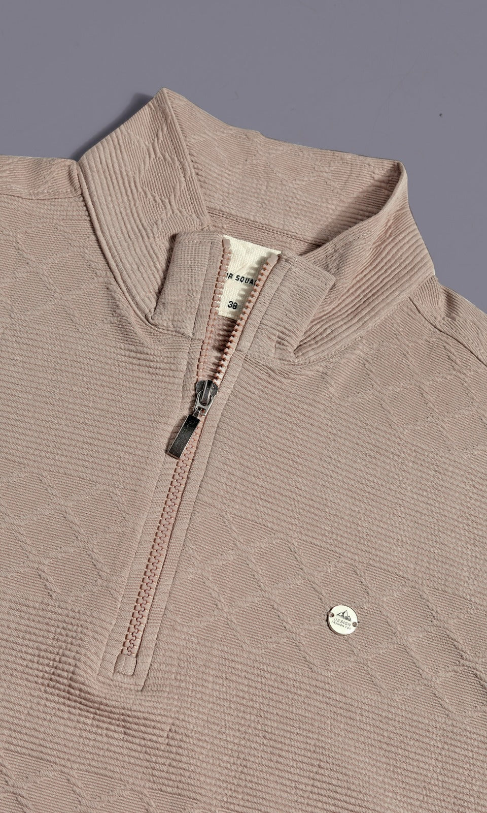 BEIGE FULL SLEEVE ZIP PULLOVER WITH COLLAR STAND