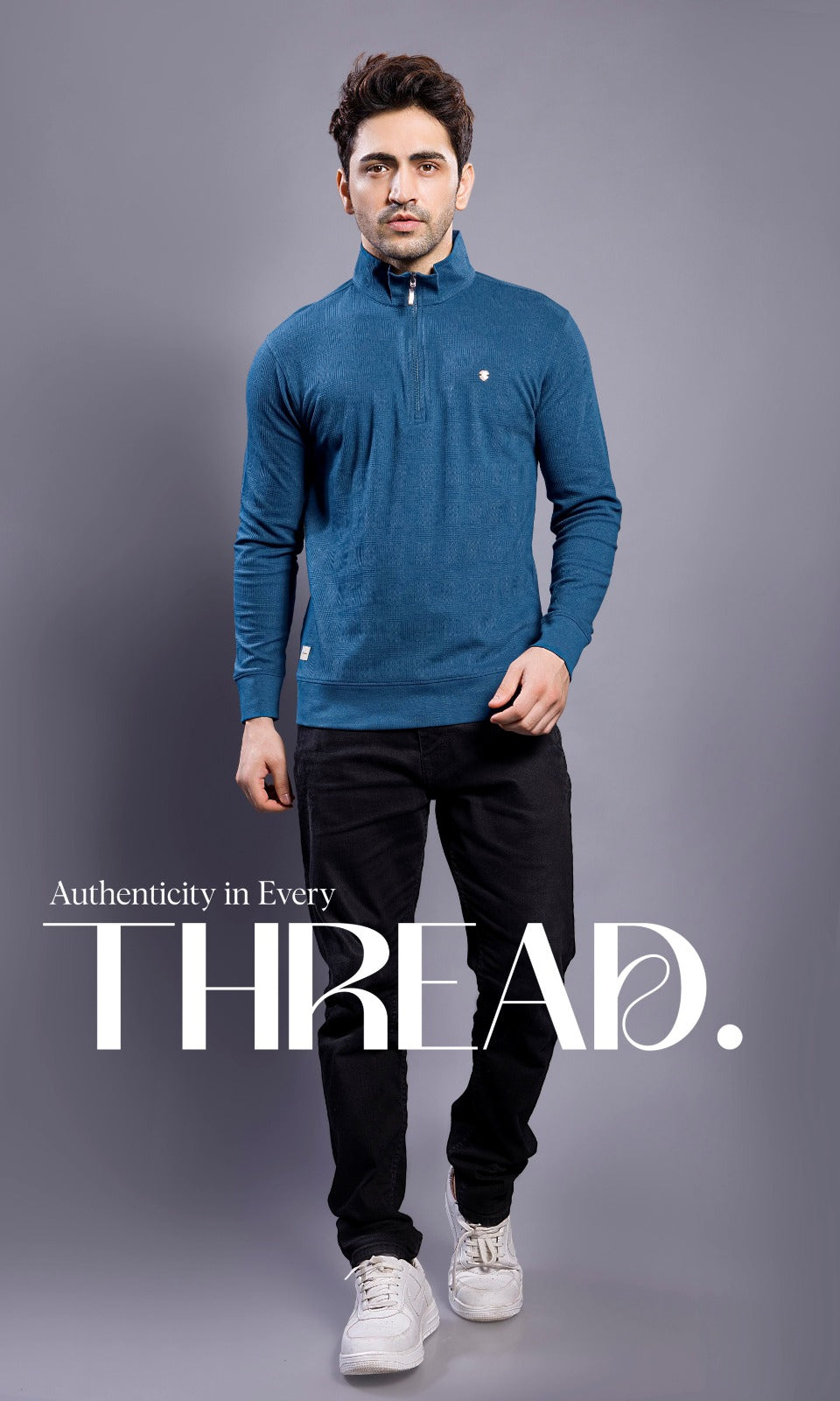 DENIM BLUE FULL SLEEVE ZIP PULLOVER WITH COLLAR STAND