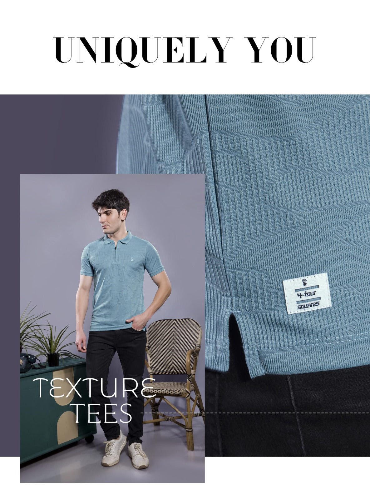 POWDER BLUE JACQUARD GLITCH ZIPPER POLO