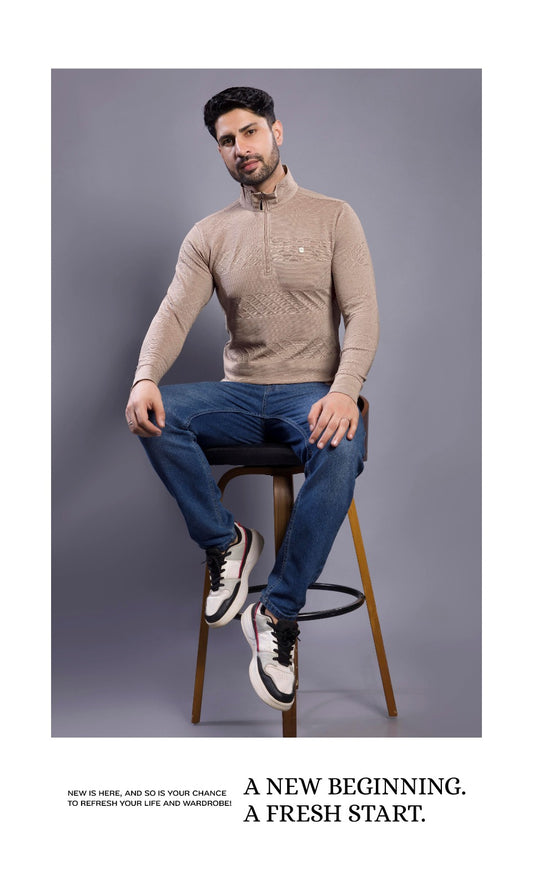 BEIGE FULL SLEEVE ZIP PULLOVER WITH COLLAR STAND