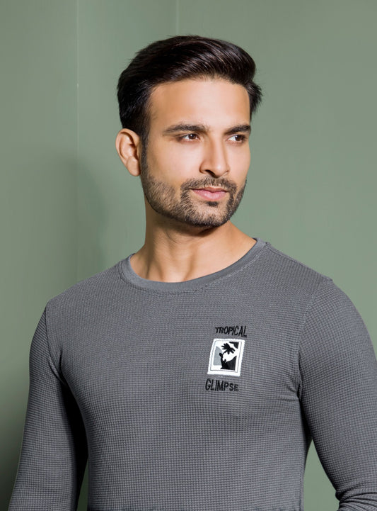 GREY WAFFLE KNIT DIP DIE SWEATSHIRT