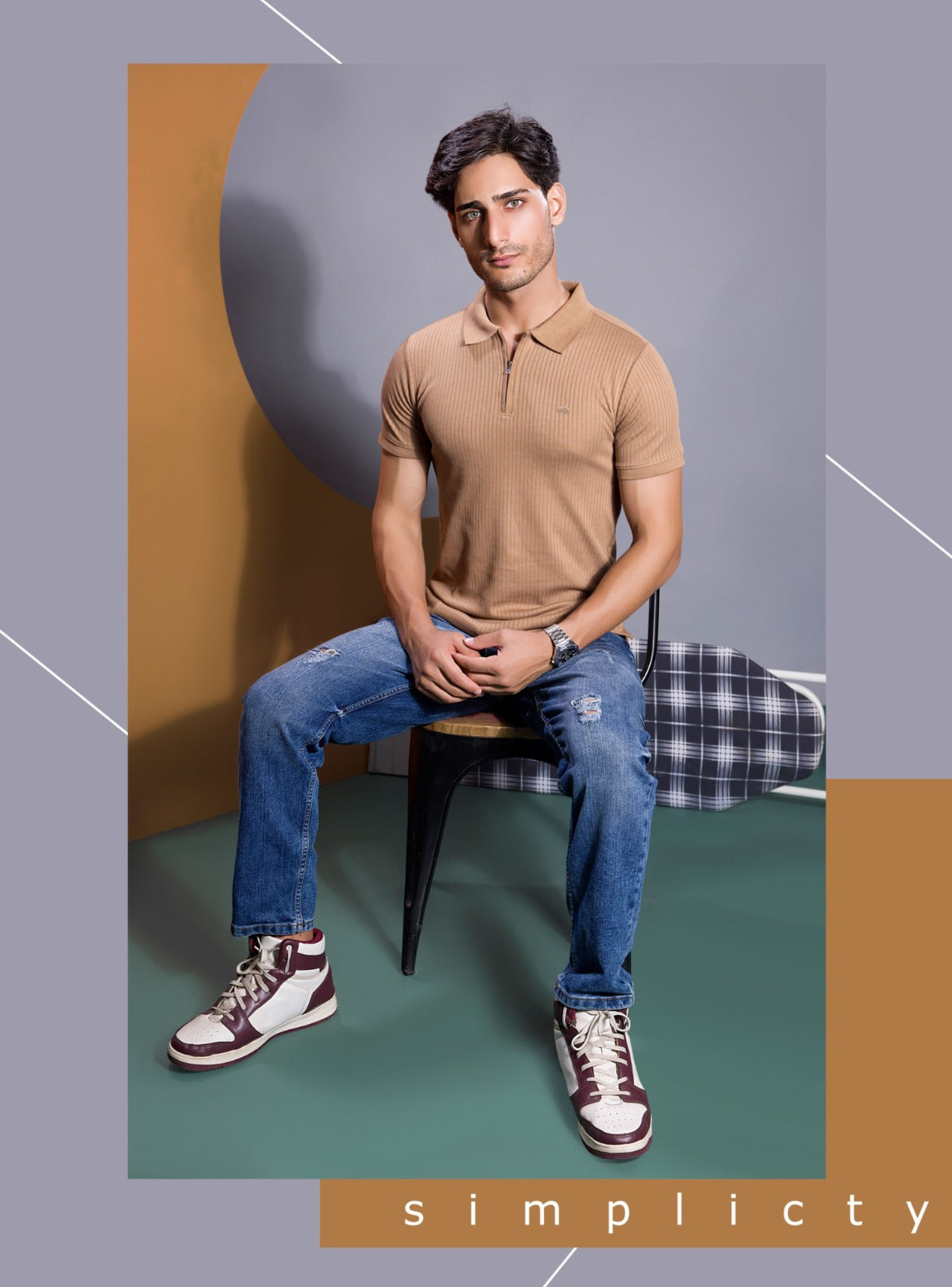 BROWN VERTICAL KNIT ZIP POLO