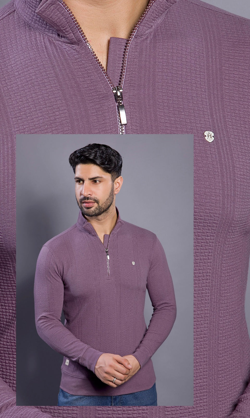 PURPLE FULL SLEEVE ZIP PULLOVER WITH COLLAR STAND