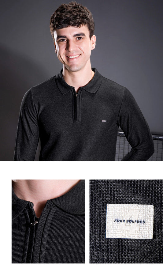 BLACK INTERLOCK CRACKLE KNIT ZIPPER FULL SLEEVES