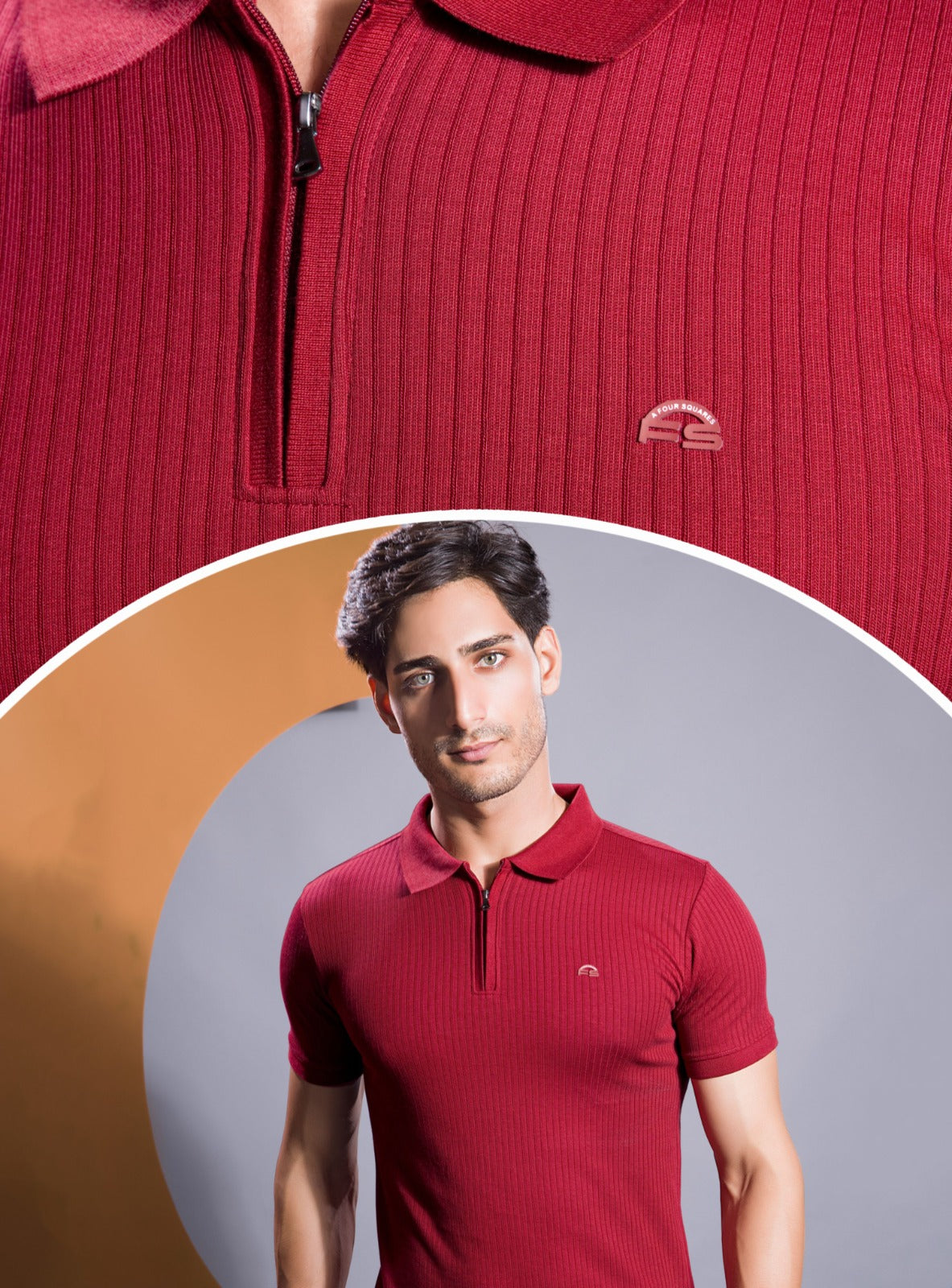 BLOOD RED VERTICAL KNIT ZIP POLO