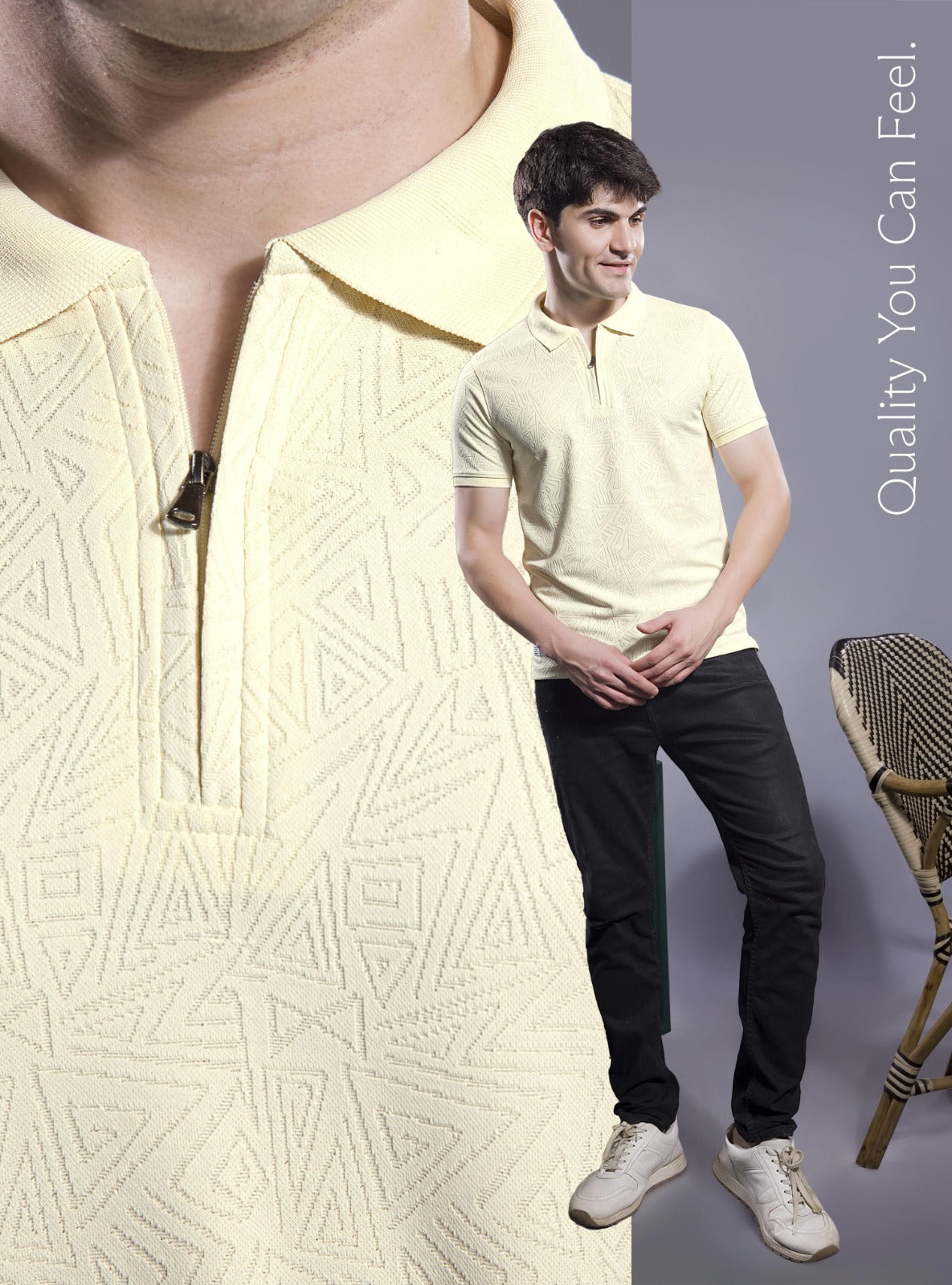 FROST WHITE JACQUARD GLITCH ZIPPER POLO