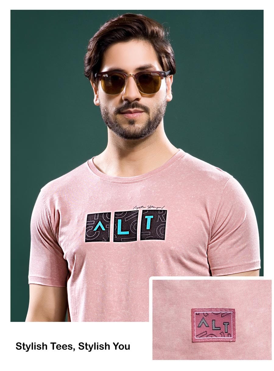 LT.PINK TENCIL LYCRA ACID WASH GRAPHIC TEES