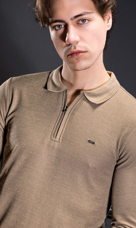 COFFEE INTERLOCK CRACKLE KNIT ZIPPER FULL SLEEVES