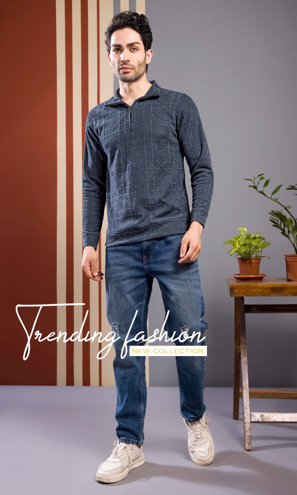 MIDNIGHT BLUE JACQUARD ZIPPER SWEATSHIRT