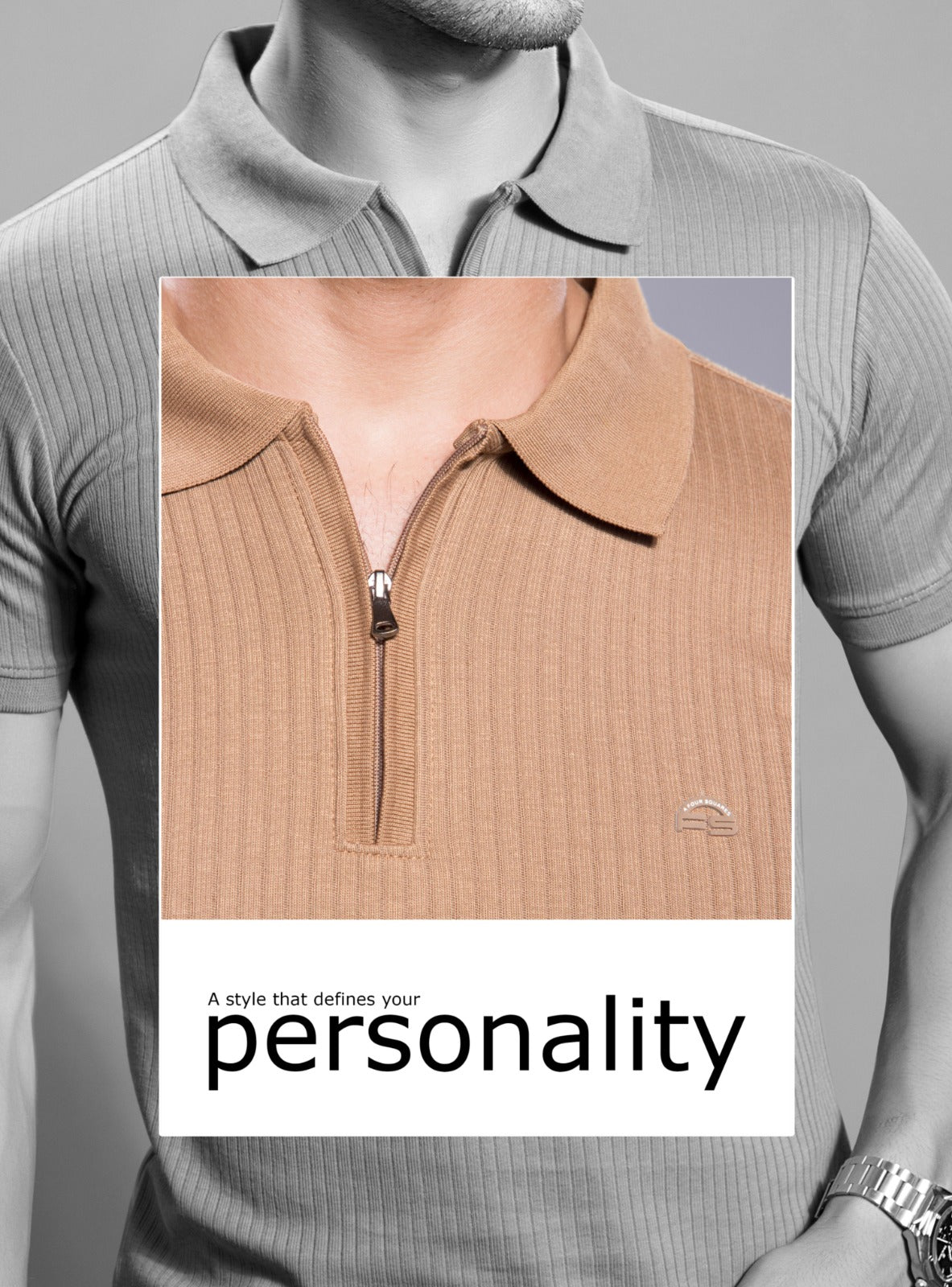 BROWN VERTICAL KNIT ZIP POLO
