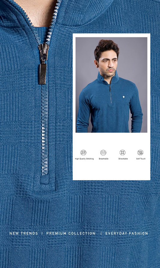 DENIM BLUE FULL SLEEVE ZIP PULLOVER WITH COLLAR STAND