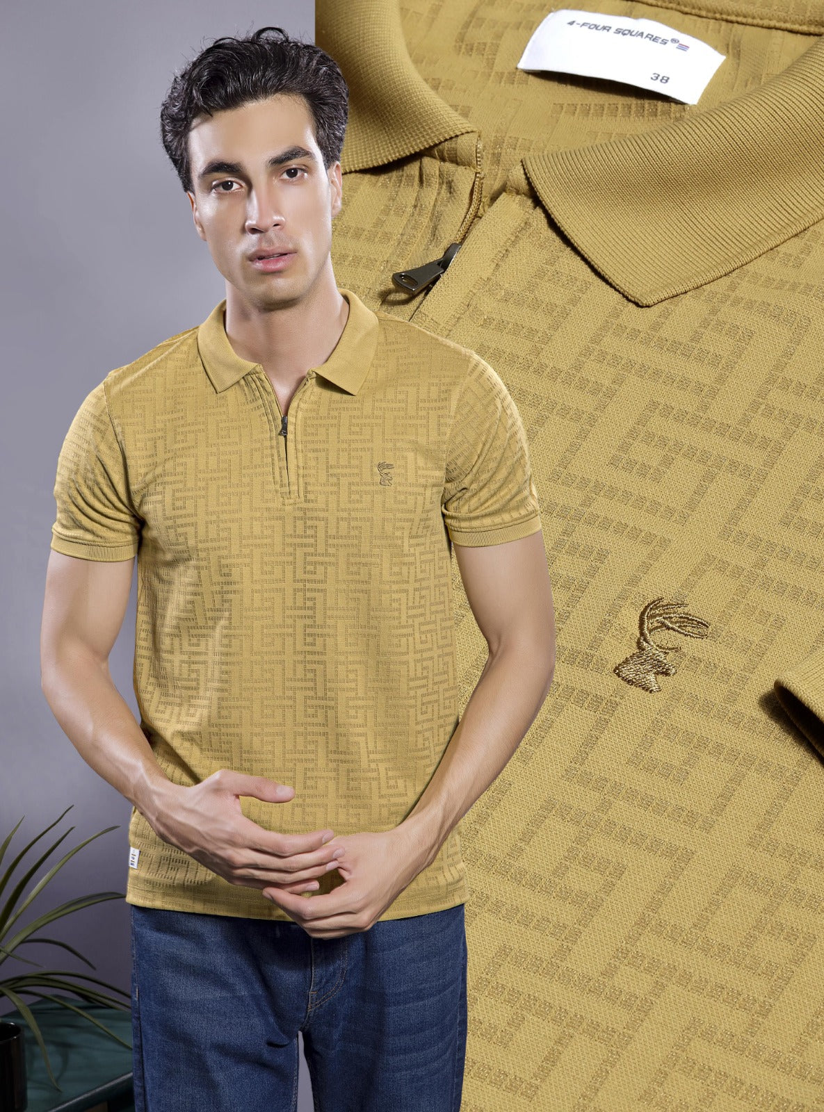 CITRINE YELLOW JACQUARD GLITCH ZIPPER POLO