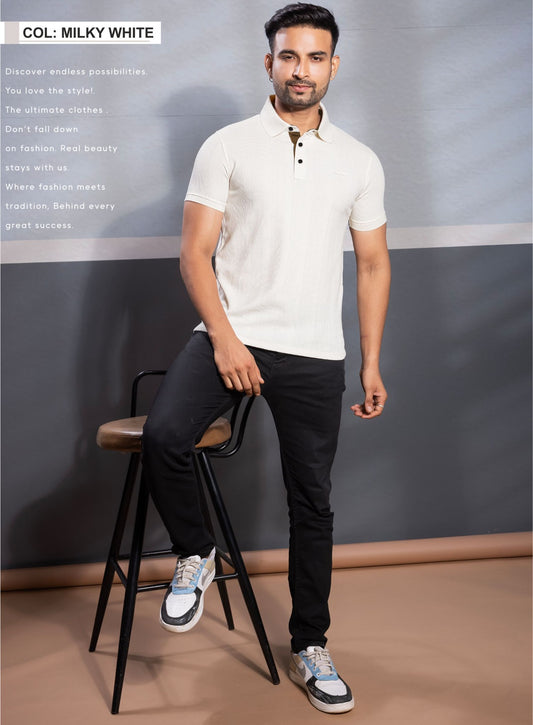 MILKY WHITE VERTICAL STRUCTURED SELF STRIPE KNIT POLO