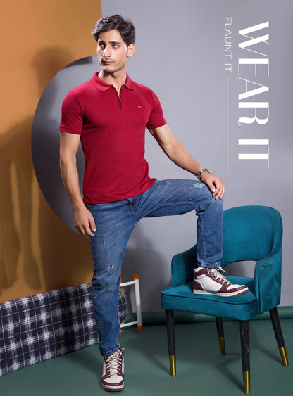 BLOOD RED VERTICAL KNIT ZIP POLO