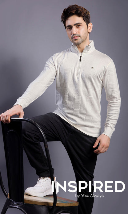 SNOW WHITE FULL SLEEVE ZIP PULLOVER WITH COLLAR STAND