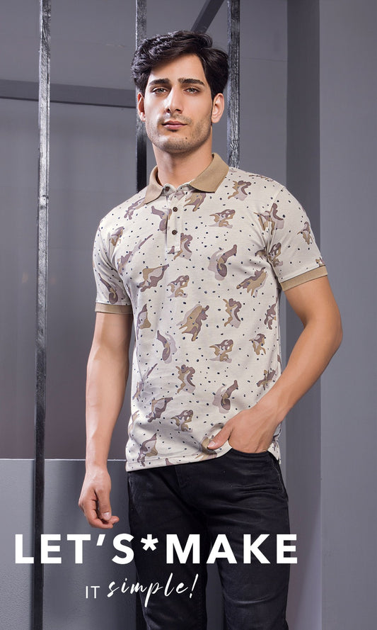 BEIGE INTERLOCK PEANUT FABRIC A.O.P POLO