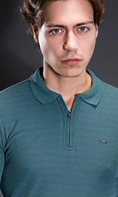 TEAL INTERLOCK CRACKLE KNIT ZIPPER FULL SLEEVES