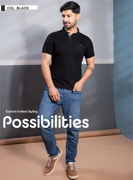 BLACK VERTICAL STRUCTURED SELF STRIPE KNIT POLO