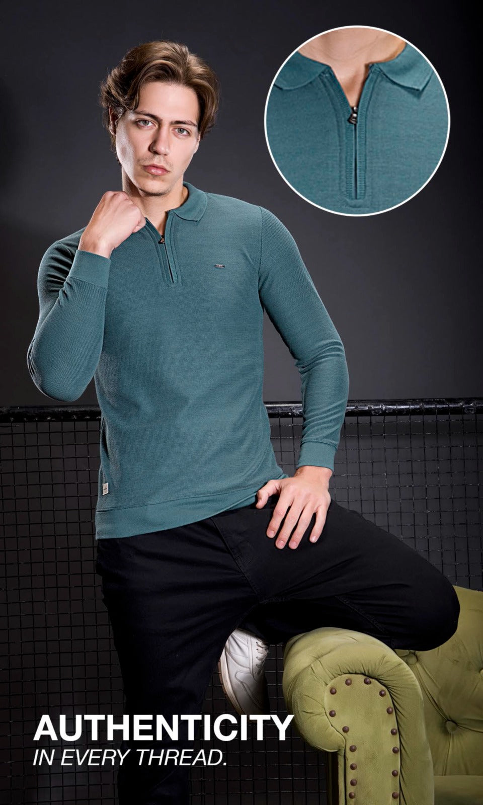 TEAL INTERLOCK CRACKLE KNIT ZIPPER FULL SLEEVES