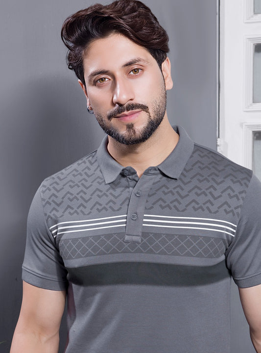 GREY PIQUE PRINTED POLO
