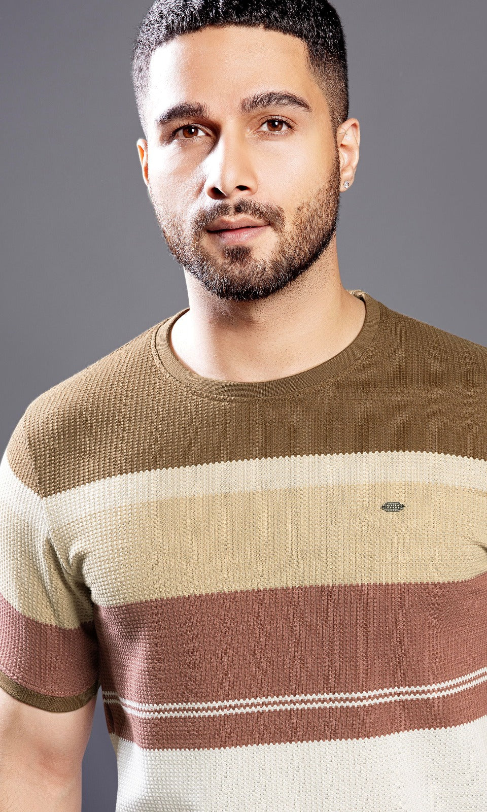 COOKIE BROWN AUTOSTRIPER BUBBLE KNIT TEES