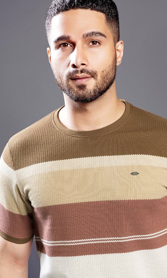 COOKIE BROWN AUTOSTRIPER BUBBLE KNIT TEES