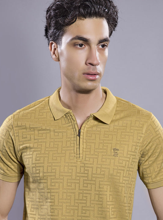 CITRINE YELLOW JACQUARD GLITCH ZIPPER POLO