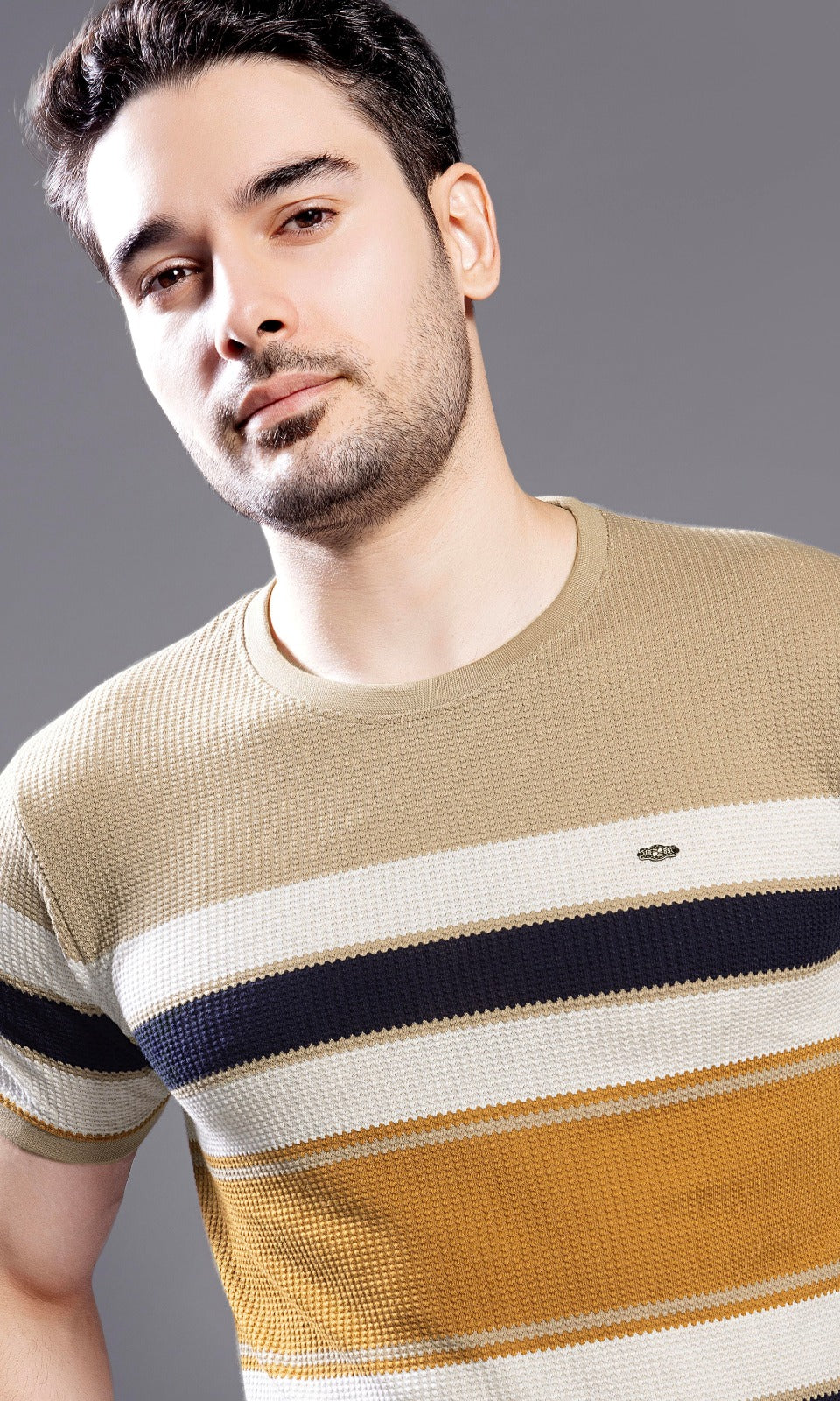 SAND BROWN AUTOSTRIPER BUBBLE KNIT TEES