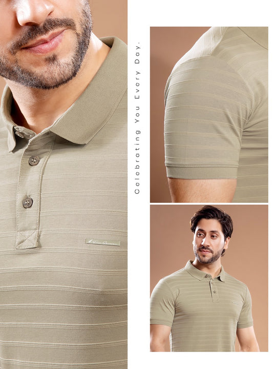 DARK BEIGE INTERLOCK SELF STRIPES POLO