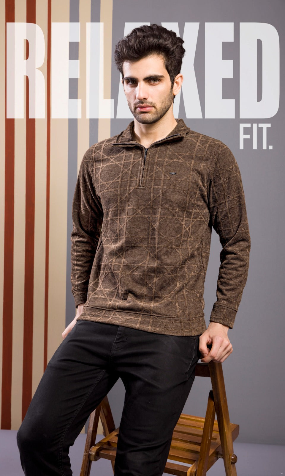 TANN BROWN JACQUARD ZIPPER SWEATSHIRT