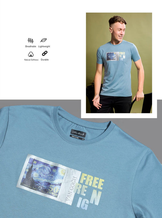 BLUE GARPHIC METALLIC PRINT TEES
