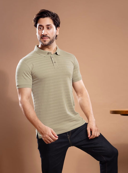 DARK BEIGE INTERLOCK SELF STRIPES POLO