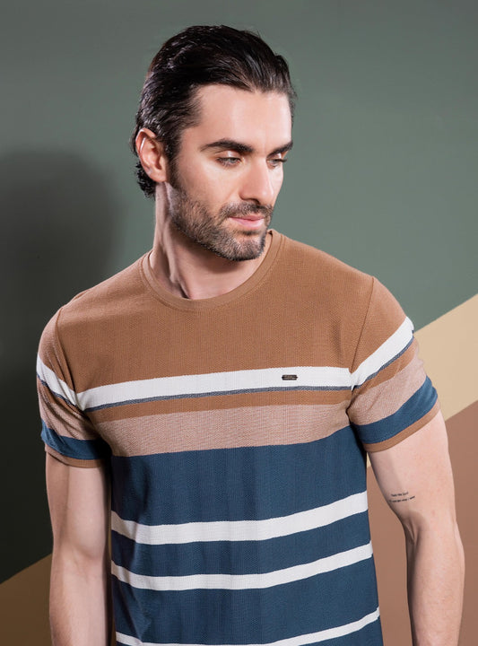TAN AUTOSTRIPER SWEAT KNIT STRUCTURE TEES