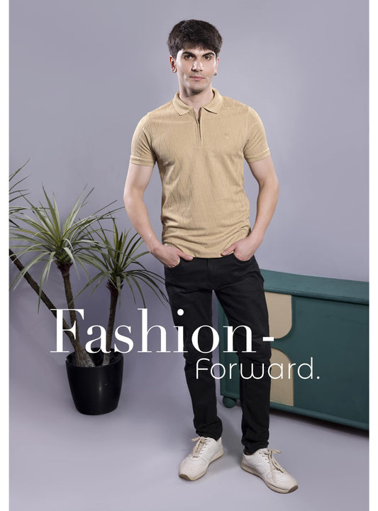 NUDE BEIGE JACQUARD GLITCH ZIPPER POLO