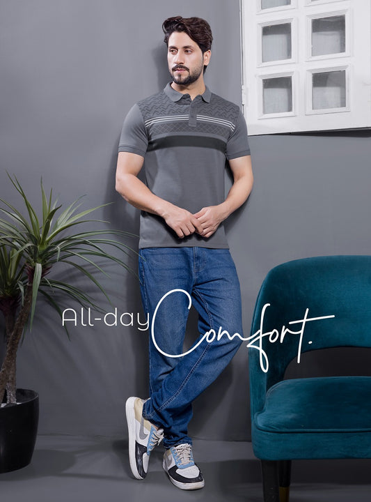 GREY PIQUE PRINTED POLO