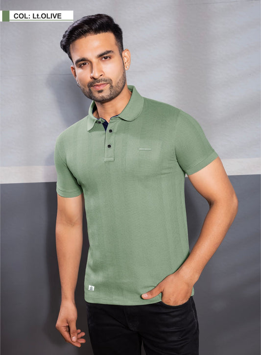 LT.OLIVE VERTICAL STRUCTURED SELF STRIPE KNIT POLO