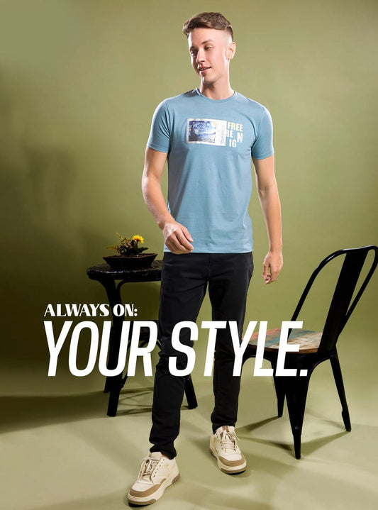 BLUE GARPHIC METALLIC PRINT TEES