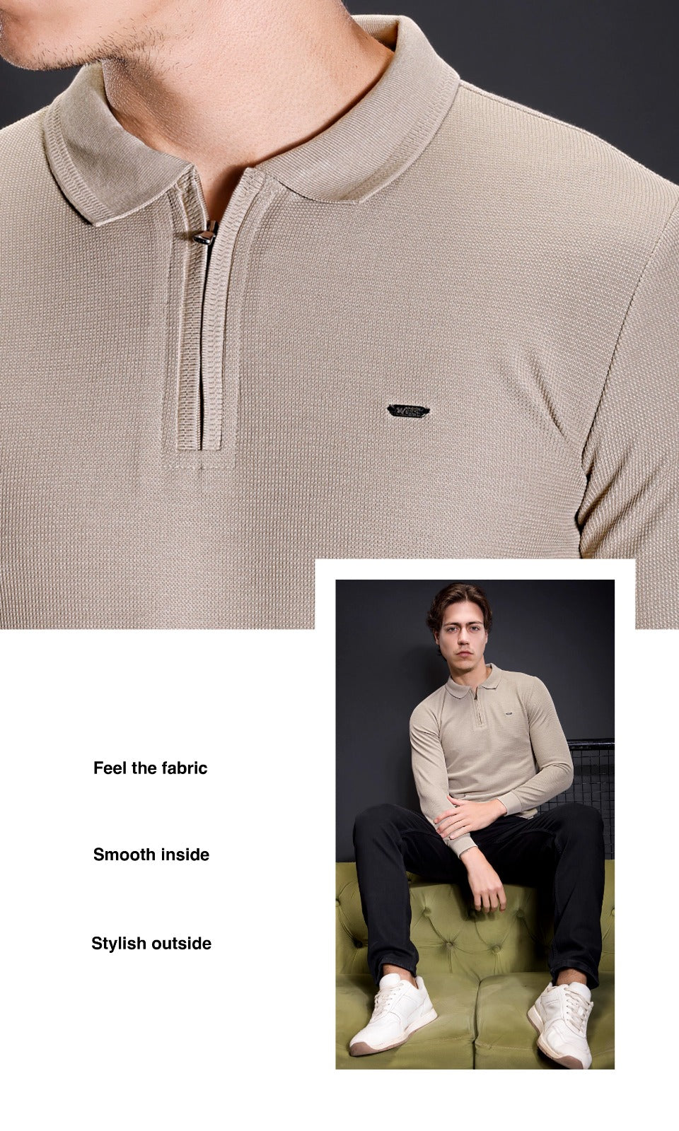 BEIGE INTERLOCK CRACKLE KNIT ZIPPER FULL SLEEVES