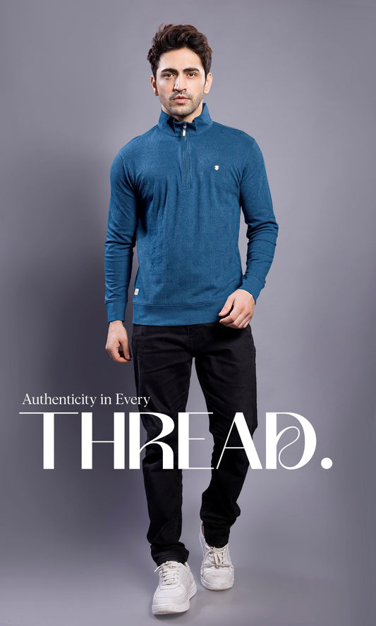 DENIM BLUE FULL SLEEVE ZIP PULLOVER WITH COLLAR STAND