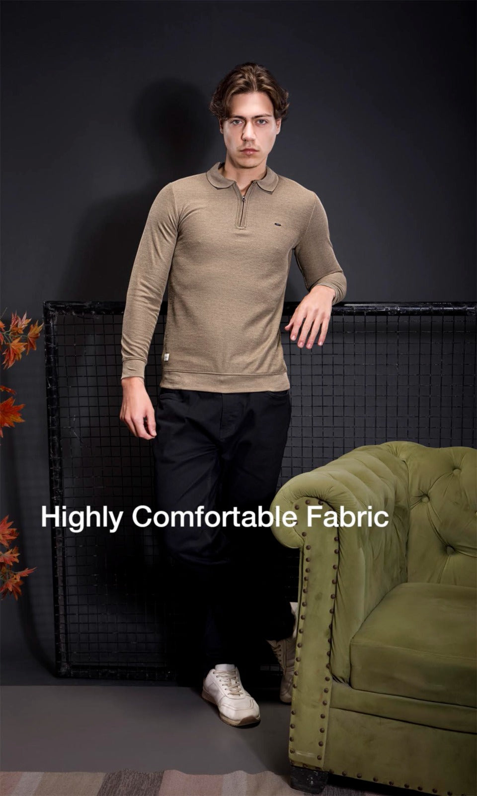 COFFEE INTERLOCK CRACKLE KNIT ZIPPER FULL SLEEVES