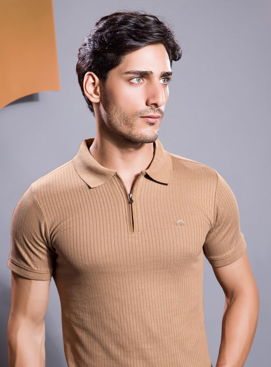 BROWN VERTICAL KNIT ZIP POLO