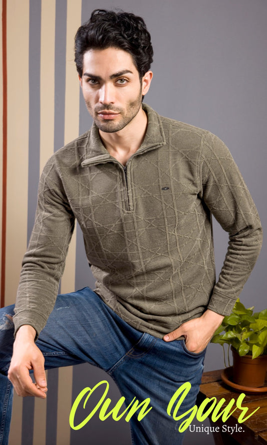 RUSTY BROWN JACQUARD ZIPPER SWEATSHIRT