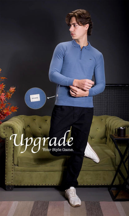 MID BLUE INTERLOCK CRACKLE KNIT ZIPPER FULL SLEEVES
