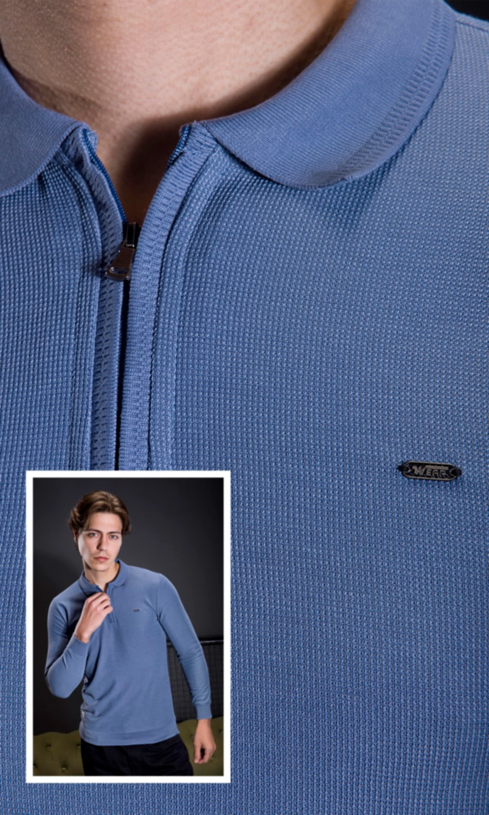 MID BLUE INTERLOCK CRACKLE KNIT ZIPPER FULL SLEEVES