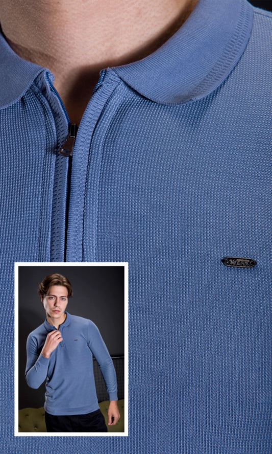 MID BLUE INTERLOCK CRACKLE KNIT ZIPPER FULL SLEEVES